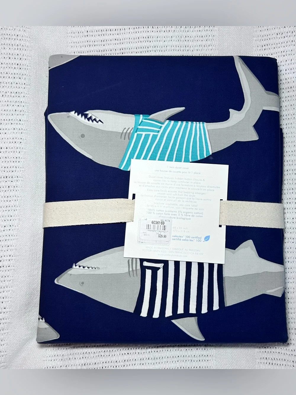 New Pottery Barn Kids Preppy Breton Shark Twin Duvet Navy Blue